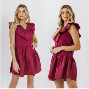 English Factory Women’s Burgundy Ruffled Neckline Swing Mini Summer Dress Sz-XS